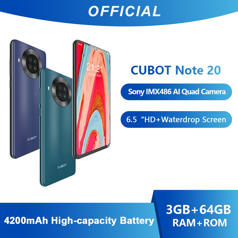 Cubot â Smartphone Note 20, tÃ©lÃ©phone portable avec 4 camÃ©ras arriÃ¨re, NFC, Google Android 10, 6.5 pouces, 4200mAh, double carte SIM, 4G LTE, 3 go + 64 go